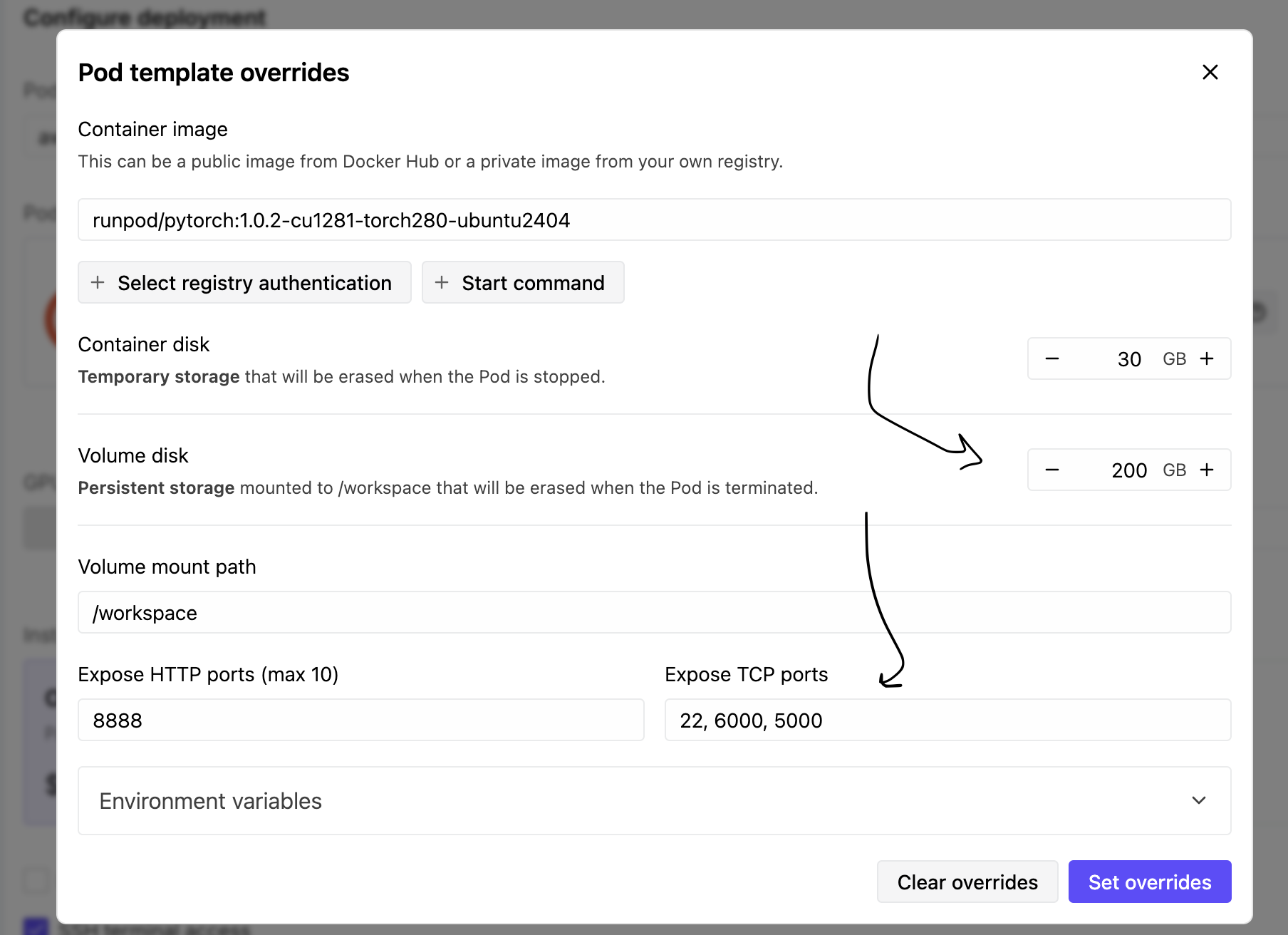 pod settings edited, as described above
