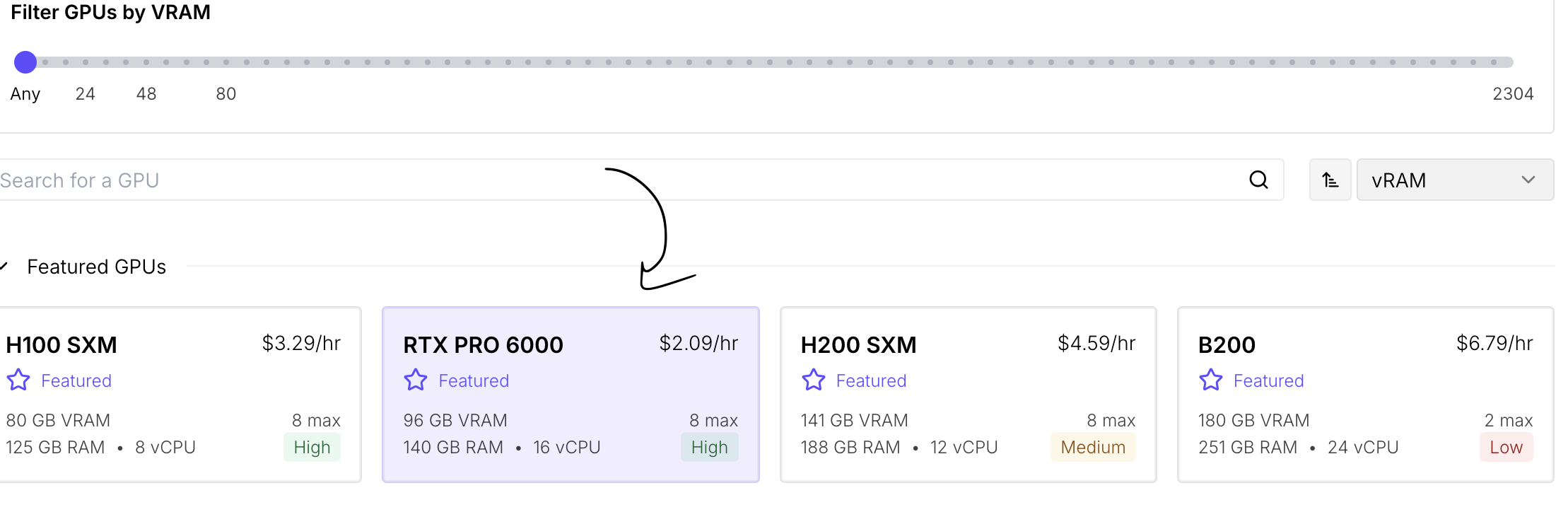 selecting a pod on RunPod